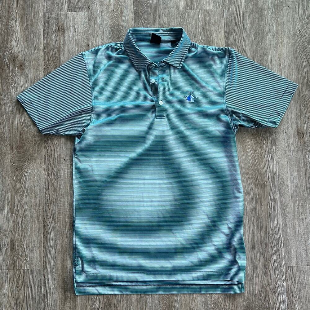 Dunning Golf Performance Polo Teal‎ & Blue Striped Medium